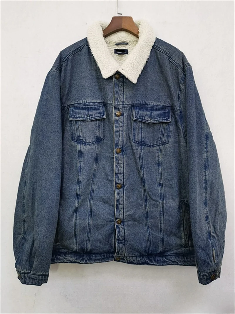 

American Casual Street Hip Hop Men's Pure Cotton Waed Vintage Loose Large Size Lamb Velvet Denim Cotton Jaet Coat