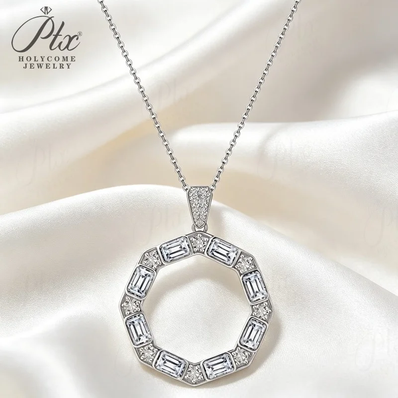 Moissanit-Halskette Baguette-Schliff 925 Sterling Silber Achteckiger Kreisanhänger Hohlkreiskette Luxus-Schmuck Geschenk für Frauen – Detail 5