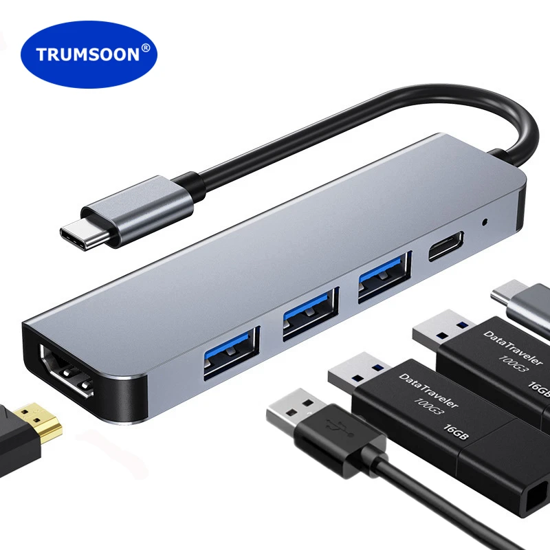 Trumsoon USB C Hub to 4K HDMI-Compatible USB 3.0 Type C PD Docking for Macbook iPad Samsung S21 Dex TV Laptop Mouse U Disk