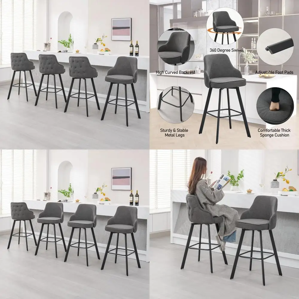 4er-Set 30 drehbare Barhocker mit hoher Rückenlehne, mit Leinen gepolsterte Kücheninsel-Sitze