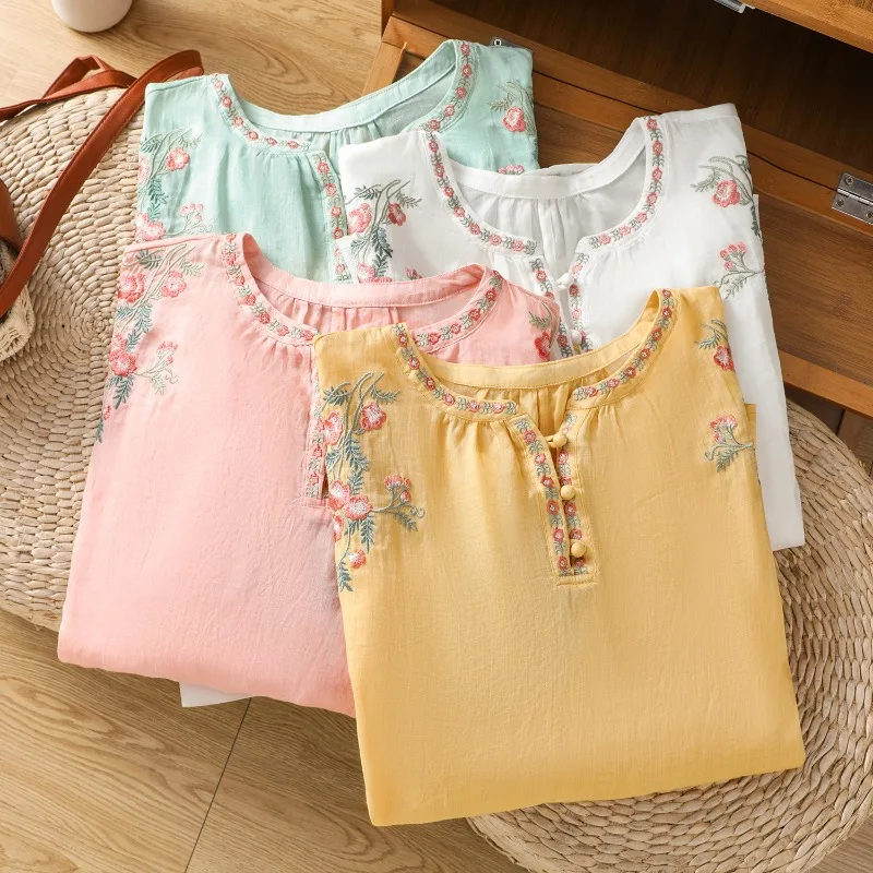 

Chinese Style Women's Clothing Blouses Vintage Embroidered Shirts Loose Summer Clothing Short Sleeved Cotton Linen Women Tops