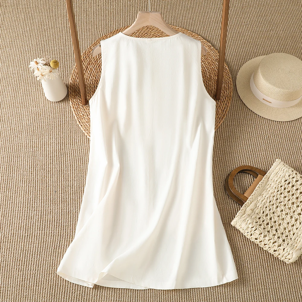Elegant Loose Lazy Style Long Sleeveless Vest Top Women Pure Color Mid-Length Pure Color Butt Cover High Quality Cotton Nylon