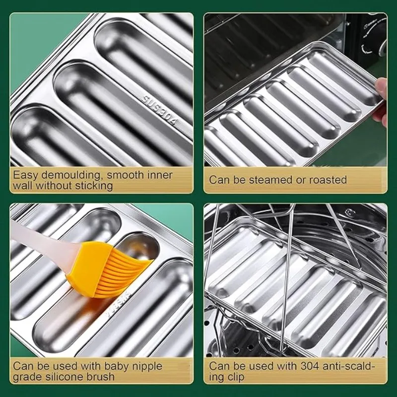 304 Stainless Steel Hot Dog Bun Mold Sausage Maker 6 Cavity Sausage Mould for Oven Steamer Kitchen Accessories