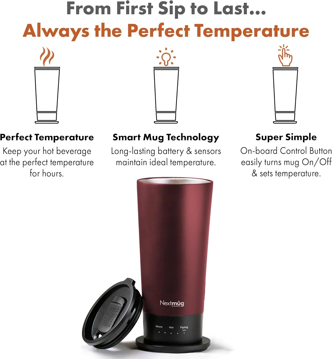 Temperature-Controlled, Self-Heating Travel Mug (Burgundy - 16 oz.)