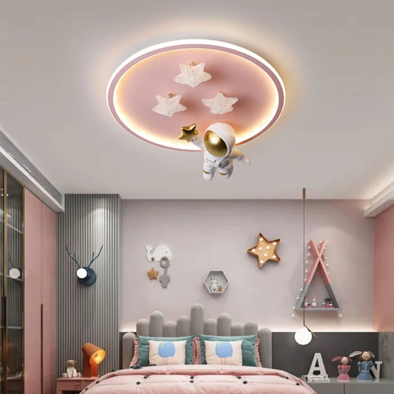 Modern Astronaut Led Ceiling Lamps For Children\'s Room Bedroom Study Kids Baby Cartoon cute pink Spaceman Star Chandelier Lights