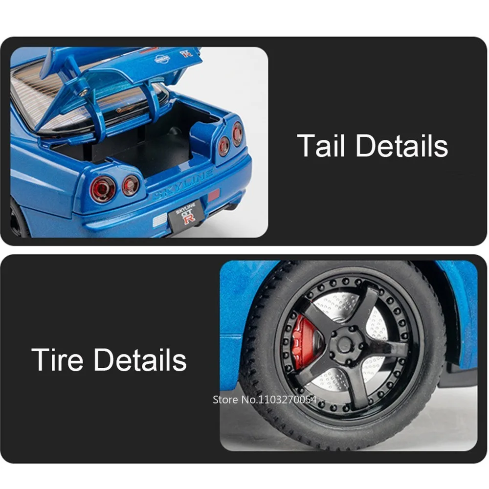 รถของเล่นโมเดล GTR R34 สเกล 1/24 ผลิตจากโลหะผสม ดีไซน์รถสปอร์ต มีเสียง มีไฟ ดึงหลังวิ่งได้ 4 ประตูเปิดได้ ยางแบบยาง ของเล่นสำหรับเด็กผู้ชาย
