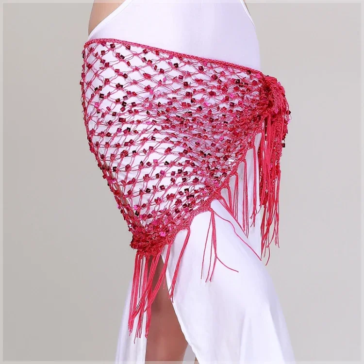 12 colors belly dance accessories long tassel belt elastic triangle of hand crochet belly dancing hip scarf sequins girls belt