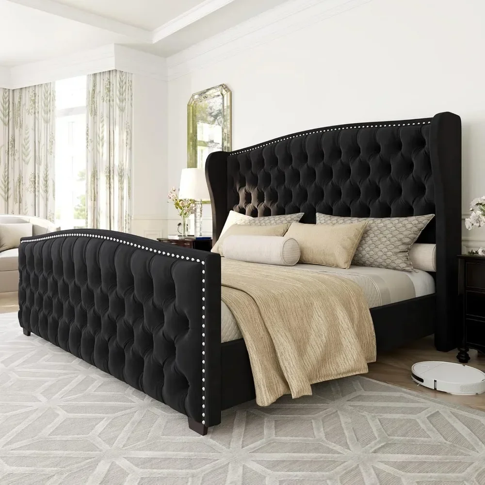 Bed Frame, Velvet Upholstered Bed with Deep Button Tufted & Nailhead Trim Wingback Headboard/No Box Spring Bed Bases