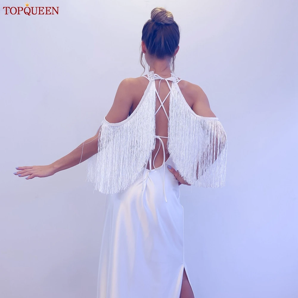 TOPQUEEN Lace Tassel Wedding Shoulder Sleeve Strapless Wrap Jacket Bohemian Shawl Women\'s Party Dress Coverup Bridal Cape SG53