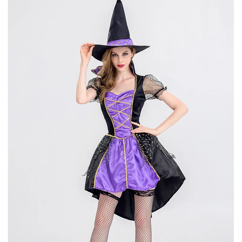 Carnival Halloween Lady Purple Elegant Witch Costume Cute Tuxedo Magic Sorceress Playsuit Cosplay Fancy Party Dress