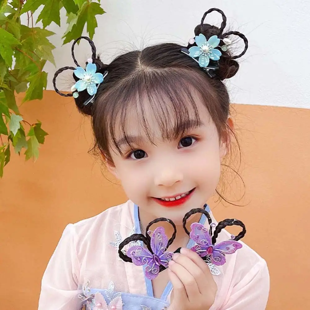 Wig rambut anak perempuan, Wig kepang kupu-kupu Hanfu, jepit rambut anak-anak, klip rambut bunga