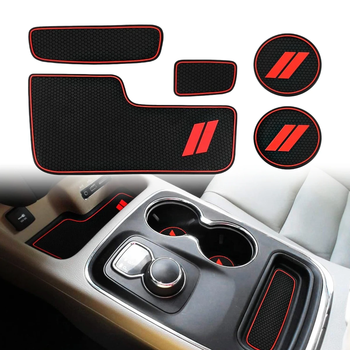 

Red Rubber Liner Pads Cup Holder Pocket Slot Non-Slip Mat Fits 2014-2020 Dodge Durango Cup Holder Insert 5pc