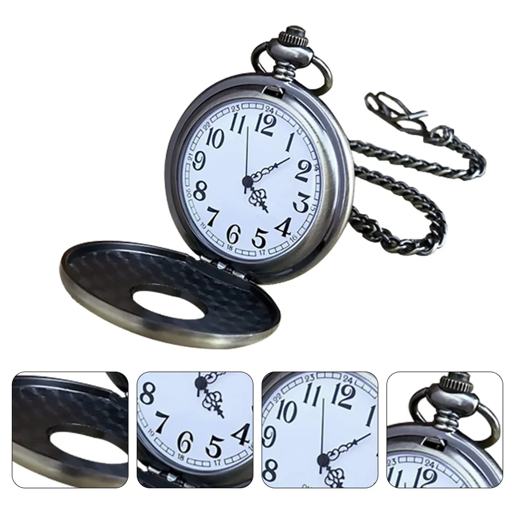 ساعة جيب كلاسيكية برونزية مجوفة بحركة كوارتز سلسلة طويلة متينة للرجال إكسسوار أنيق هدية للأب والزوج ريترو #1