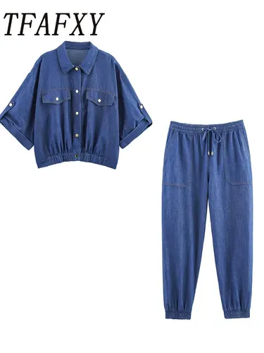 2025 Traje informal de verano para mujer, camisa vaquera de manga corta con una hilera de botones, pantalones de cintura elástica, conjuntos de 2 piezas de moda
