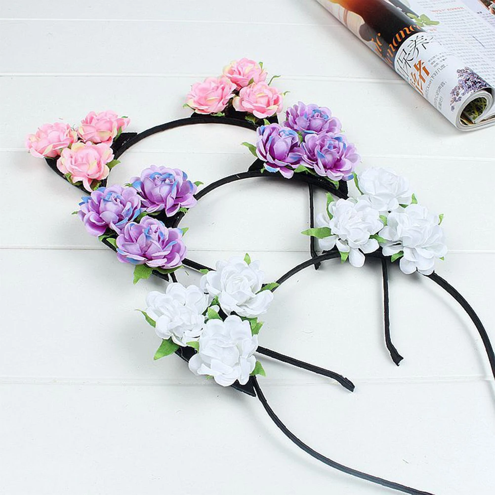

Cat Ears Headband Deform-resistant Flower Hair Hoop Rose Christmas Hairband Eye-catching
