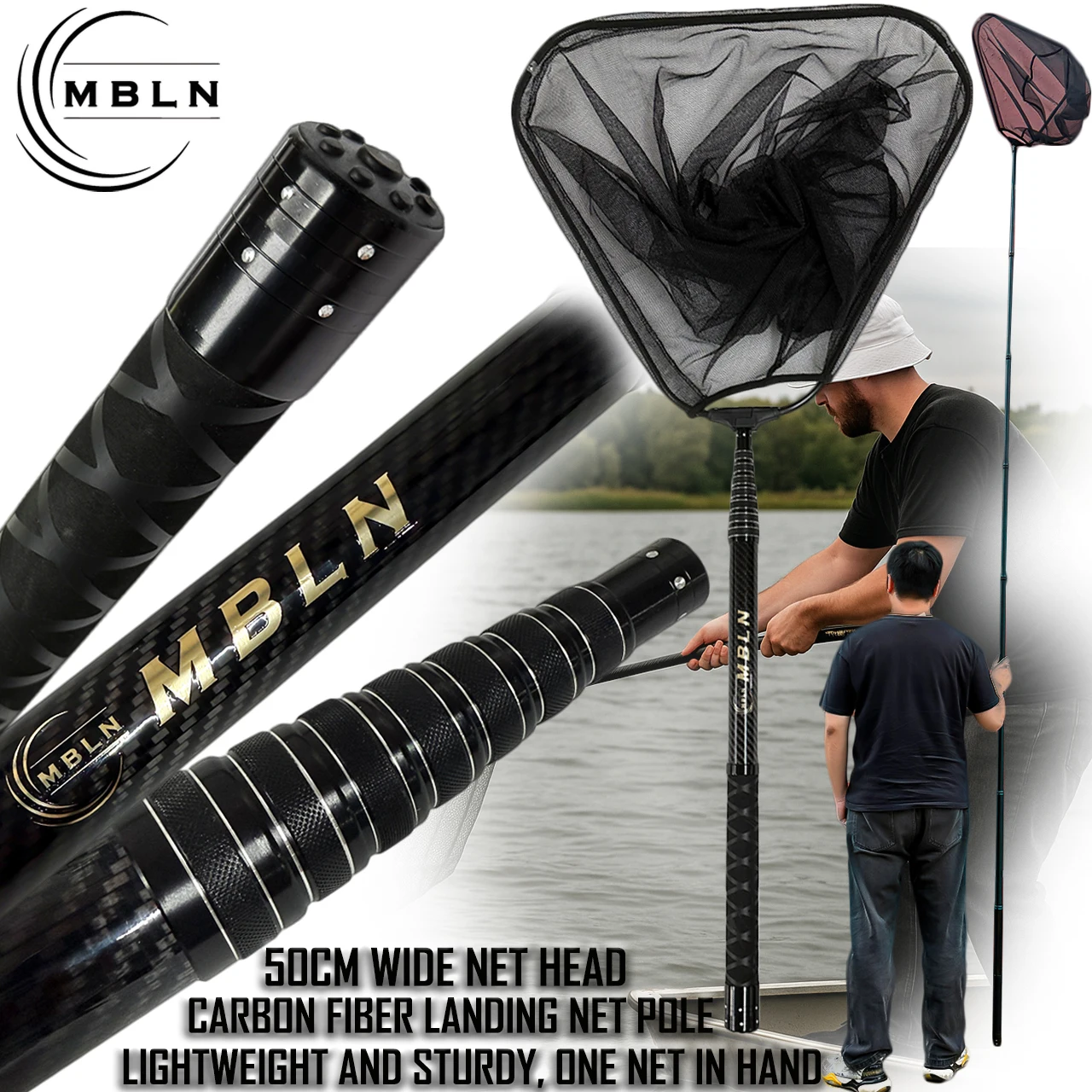 1pc MBLN Carbon Landing Net, 3m Telescopic Pole, 50cm Aluminum-Magnesium Triangle Head, 392cm Extended, 58cm Folded