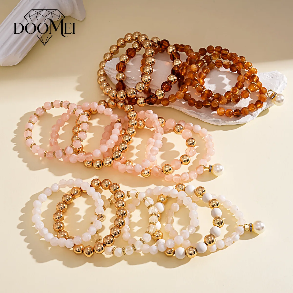 DOO MEI Bohemian Marble Acrylic Metal Spliced Stretch Bangle Bracelets ForWrist Cuff Vacation Beach Daily Fashion Accessories