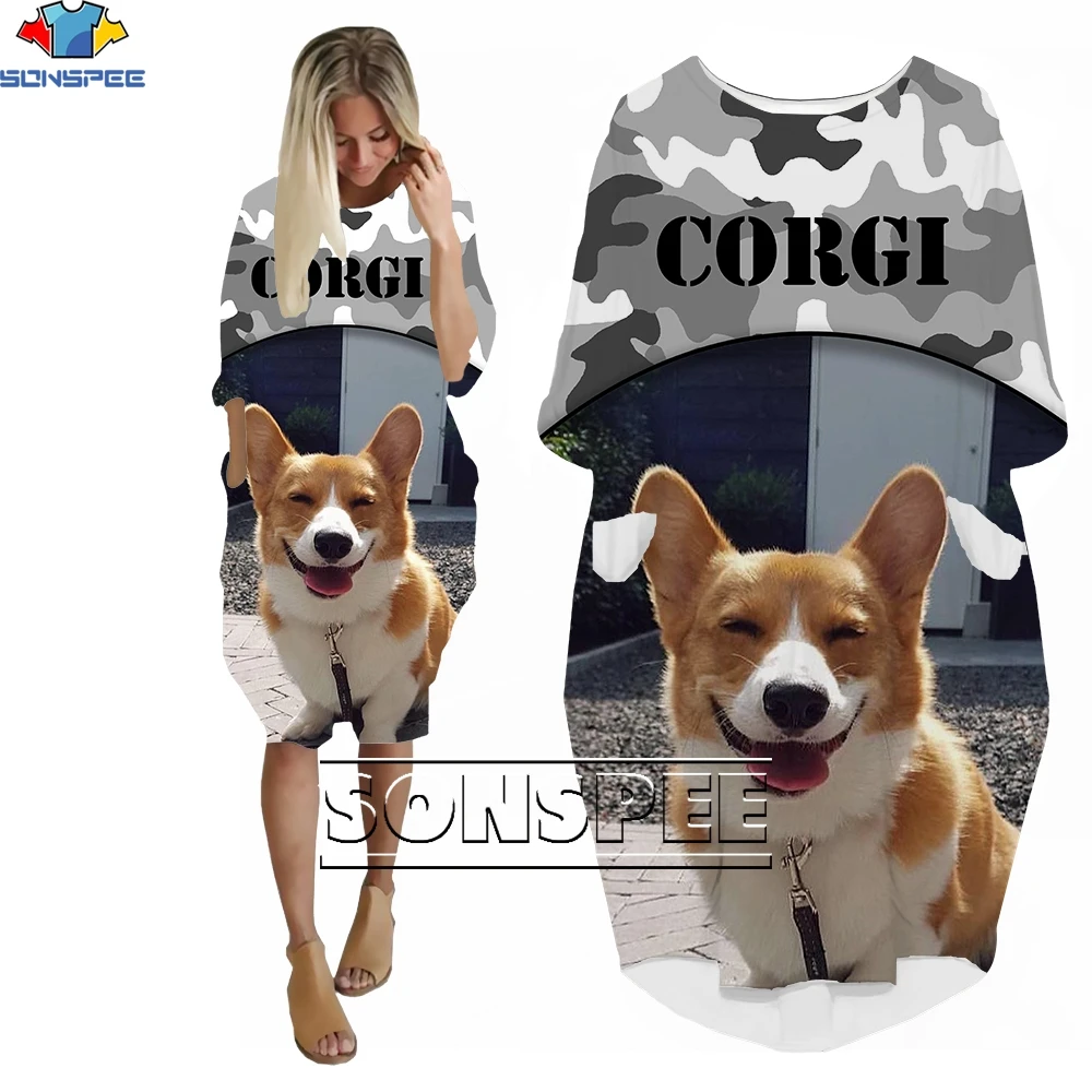 SONSPEE Corgi Animal Dog Women's Long Sleeve 3D Camouflage Print Pocket Women's Loose Dress Grown Robe Women 2022 Loungewear