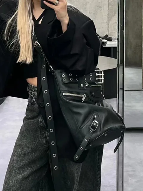 JIAERDI główna ulica Vintage torebka damska nowy nit duża pojemność Casual Crossbody torby damskie Moto Biker czarna torba