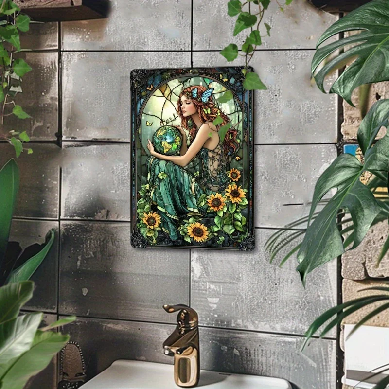 Vintage Aluminum Wall Art - Enchanting Fairy with Earth Design, Metal Sign for Living Room or Gym Decor, Perfect for Room Decor