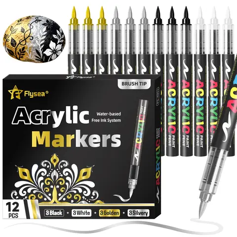 12-Pack (Gold, Silver, Black, White) Direct Liquid Acrylic Paint Markers, Paint Markers, Felt-Tip Pens Stationery Set, Art Drawing, DIY Crafts, Back-To-School Supplies, Suitable for Artists