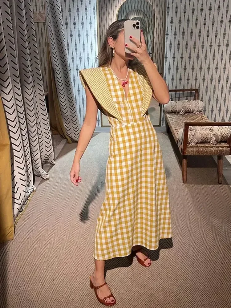 TRAF Fashion Fly Sleeve High Waist Big Hem Slim Long Dresse Women V Neck Plaid Print Maxi Dress Summer New Lady Holiday Vestidos