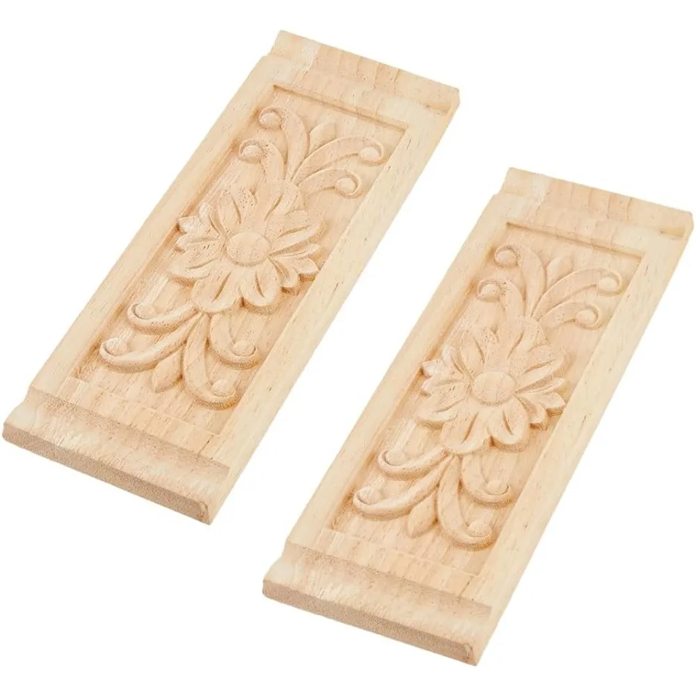 2pcs Rectangle Wood Carved Applique 22x8cm/8.66x3.15inch Frame Onlay Flower Wood Carved Decal Unpainted Furniture Decoration