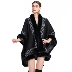 Women Rex Rabbit Faux Fur Shawl Lady Cashmere Feel Mantle Fall Winter Elegant Wrap Luxury Warm Overcoat Classic Vintage Cloak