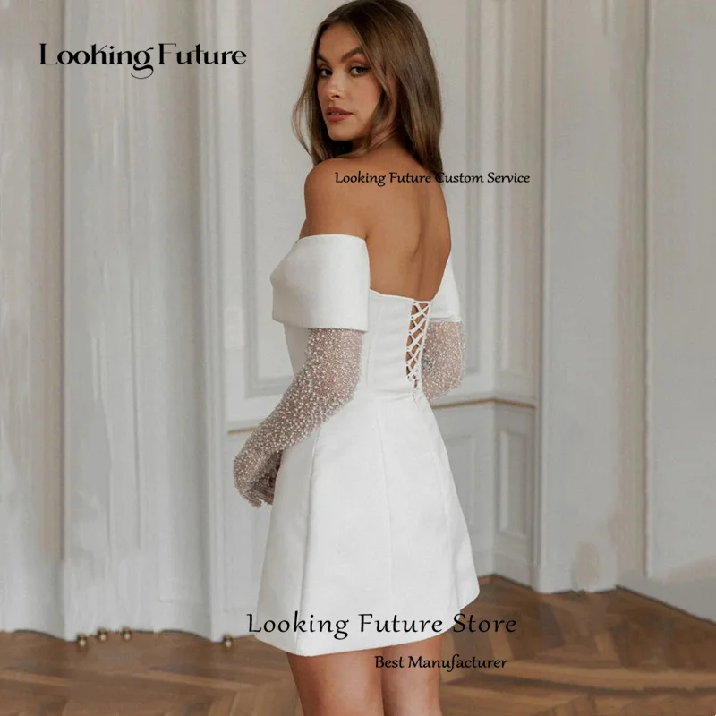 Simple A-Line Mini Wedding Dresses Elegant Long Sleeves Pleat Pearls Strapless Sexy Backless with Lace Up Short Gowns Customized