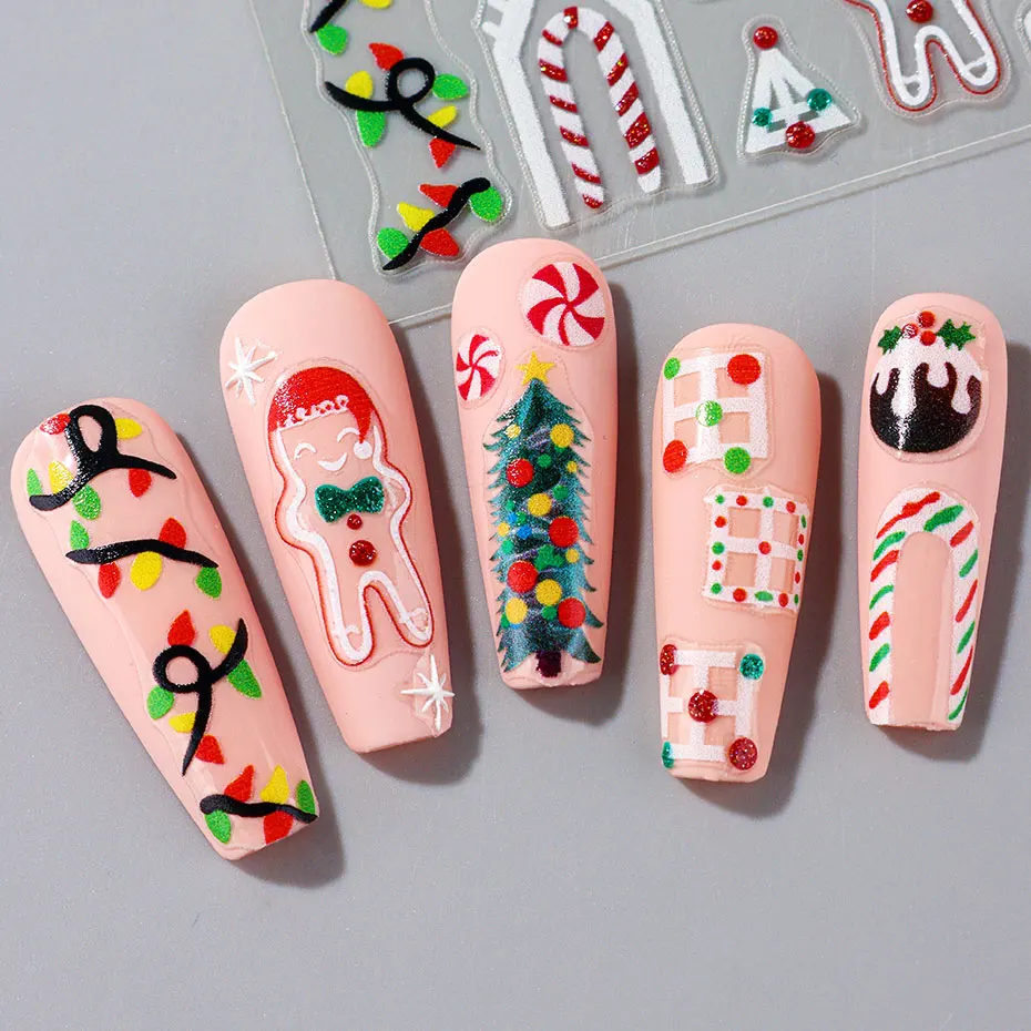 1PC Glitter Natale Charms Decalcomanie per unghie Inverno Fiocco di neve Adesivi colorati per nail art Pupazzi di neve Alce Cuore Adesivo Decorazione per manicure