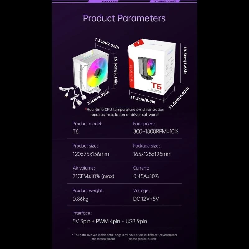 CPU Cooling Fan Featuring 6 Heat Tubes Temperature Monitoring ARGB Customization 