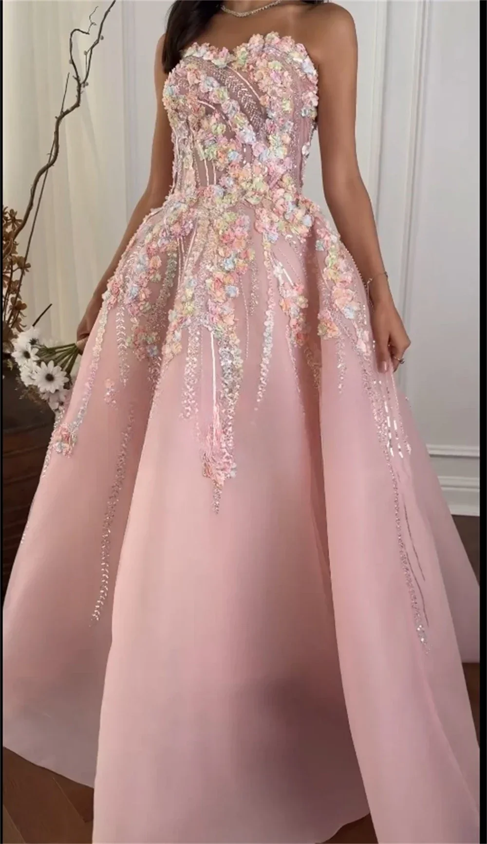 Customized Saudi Arabia Evening Dress Prom Strapless A-line Floor Length Sequin Applique Bespoke Occasion Dresses Formal Gown