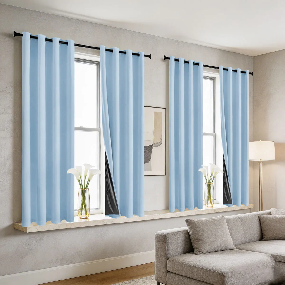 Light Blue Grommet Light Blocking Curtains 4Pcs, Black Coated Solid Window Drapes for Bedroom Living Room Home Decor