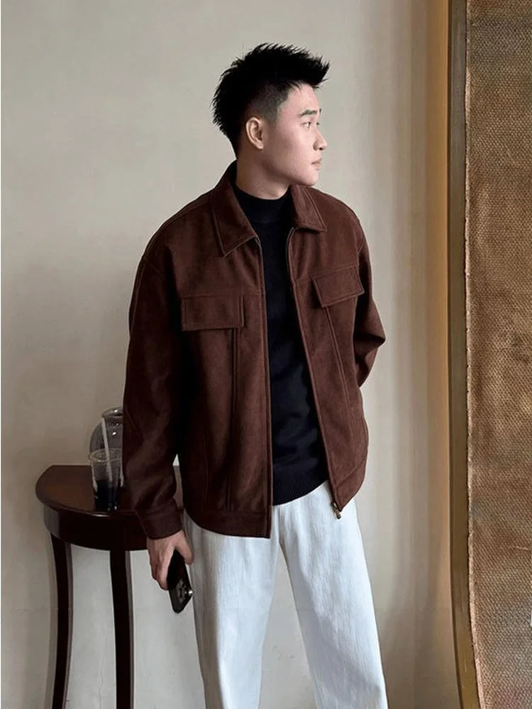 

Мужская осенне-зимняя куртка свободного кроя из замши с цветными воротниками и молнией, модная молодежная верхняя одежда