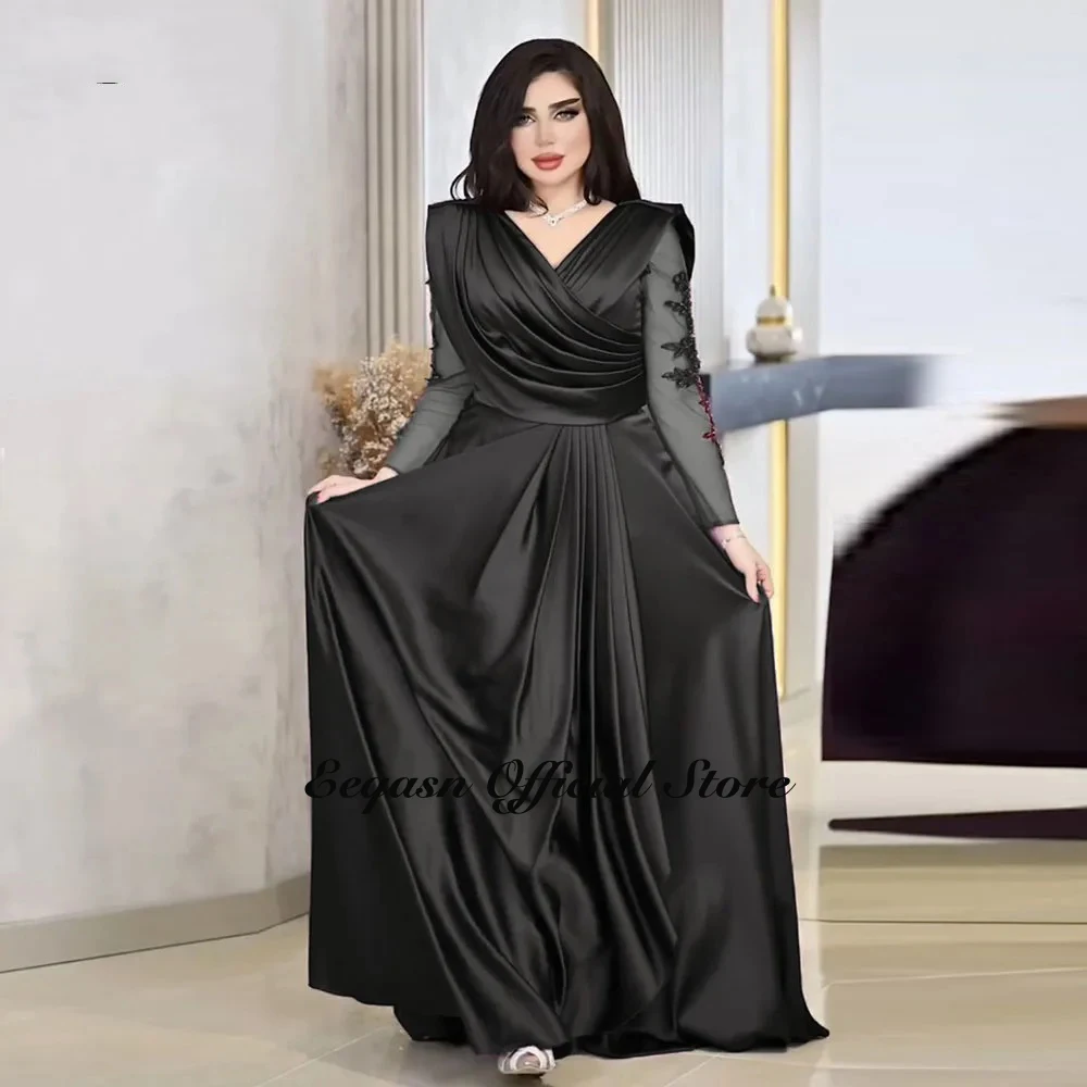 Customized Evening Dresses Stretch Satin Long Sleeve V Neck Prom Gowns Arabic Women Formal Party Occasion فساتين سهرة فخمه