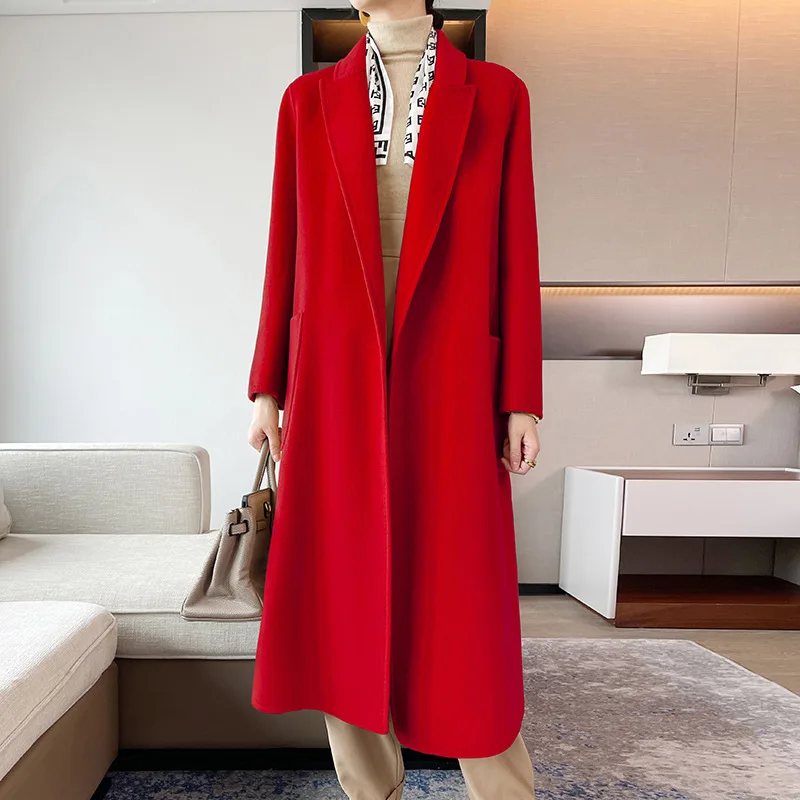 Solid Color 5% Cashmere New Double-Sided Cashmere Sweater Women's Long Woolen Jacket