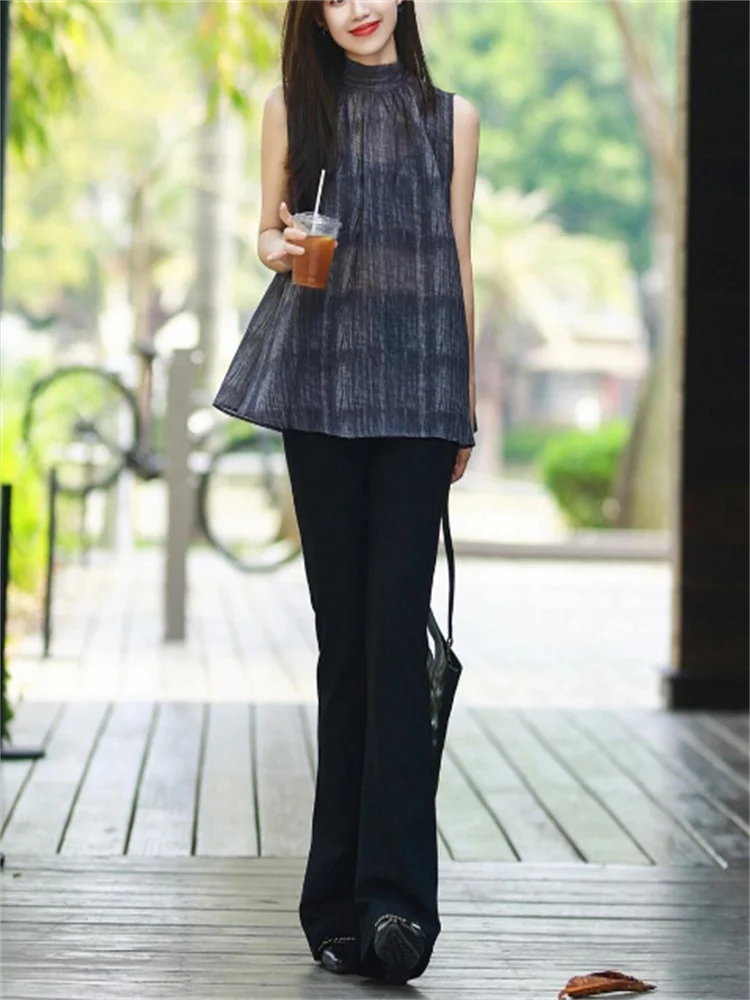 Zomer mouwloze top dames shirt blauw doorschijnende blouse zonnebrandcrème shirt vrouw kleding shirts trui opstaande kraag tee