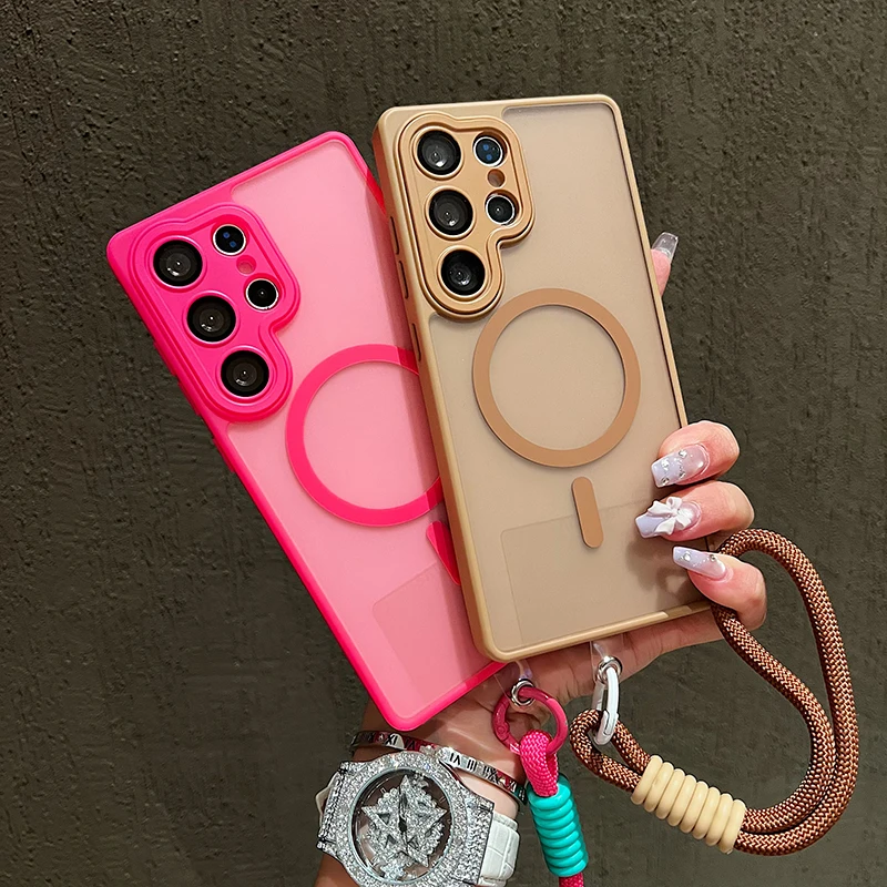 Luxury Hard PC For Magsafe Magnetic Phone Case For Samsung Galaxy S26 S25 S24 S23 S22 Ultra With lanyard Wireless Charge Cover