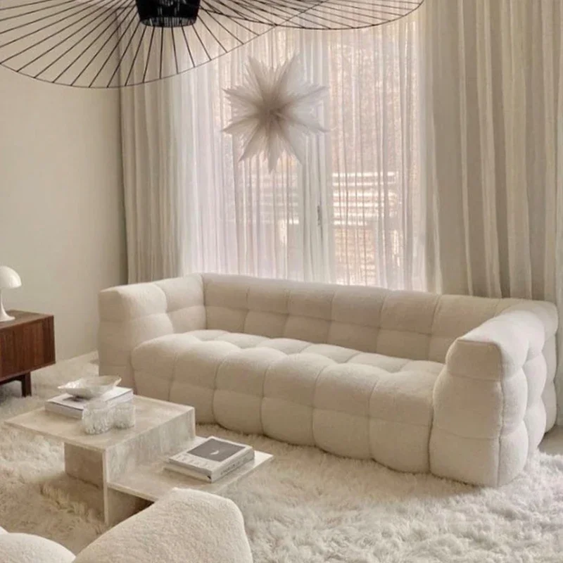 

Simple Modern Living Room Small Apartment Nordic Facial Expression Cream Style White Lambswool Tofu Block Cotton Candy Sofa