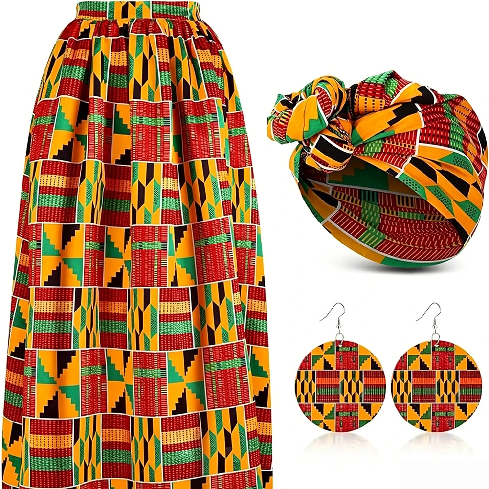 Women African Costumes Bohemian Ethnic Geometric Print High-Waisted Maxi Skirt with Headscarf and Earrings Tribal Casual Skirt