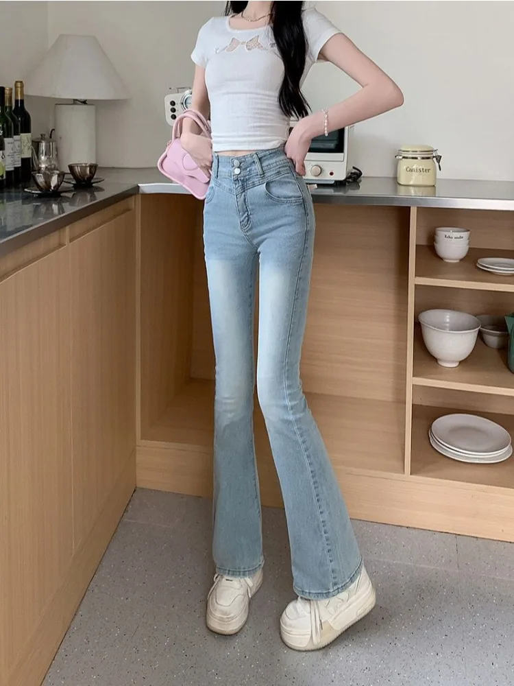 กางเกงยีนส์ผู้หญิงลูกไม้สไตล์อเมริกัน Flare Skinny DENIM เอวสูงฤดูใบไม้ร่วงฤดูหนาวสีฟ้าเรียวความยาวชั้นสไตล์ Girlish หวาน