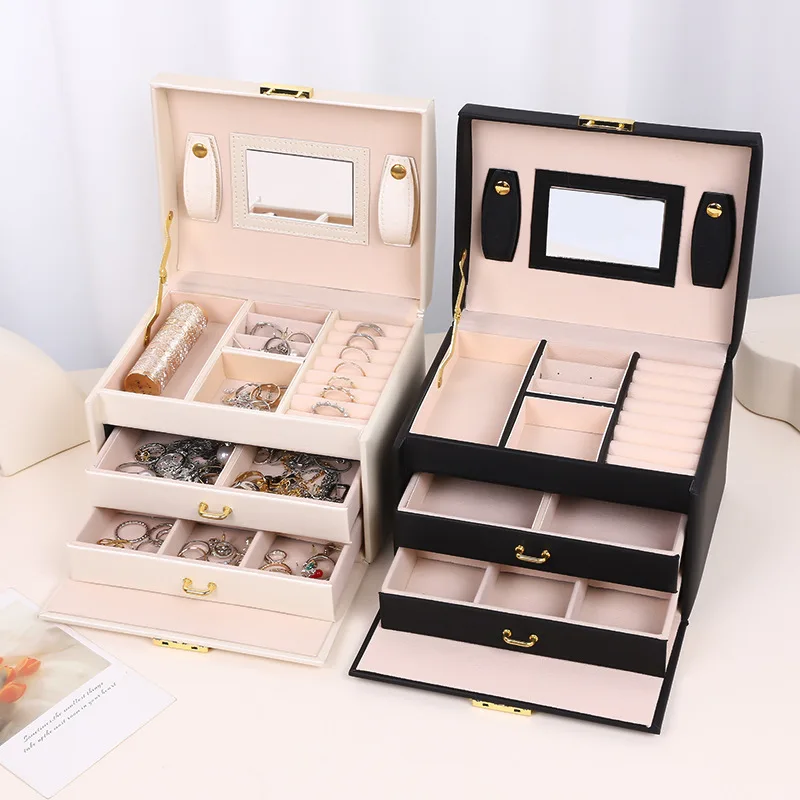 Hot three-layer portable jewelry box high-end PU leather drawer with lock earrings jewelry storage