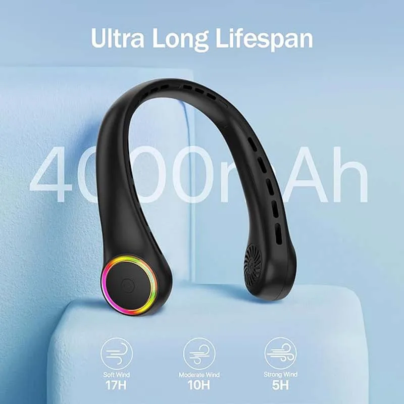 Portable Outdoor Neck Fan 360 Cooling 4000mAh USB Rechargeable 3-Speed Lightweight Wearable Fan for Travel Birthday Gifts Men