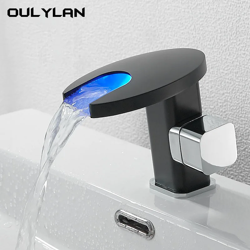 

Smart Hydropower LED Waterfall Faucet Bathroom All Copper Cold and Hot Water Mixer Tap Basin Temperature Color Change Faucet