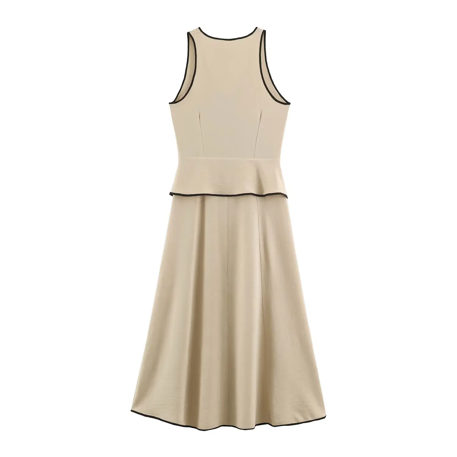 BSAY 2026 Sommer Neues Französisches Minimalistisches Damenkleid mit Kontrastbündchen Ärmellos Mehrlagig Tiefer V-Ausschnitt Zweiteiliges A-Linien-Midikleid – Detail 3