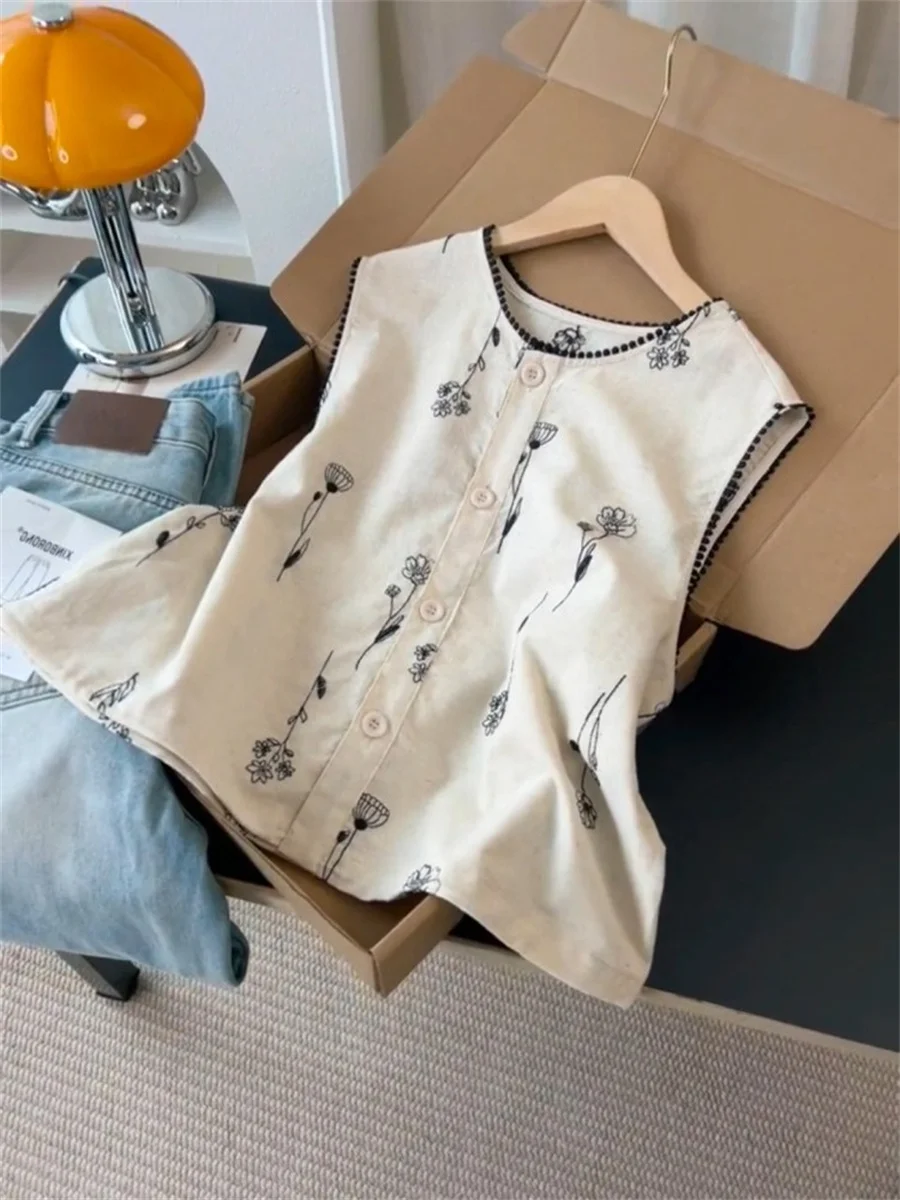 Retro Geborduurde Bloem Ronde Ne Vest Irt Loose Fit Svel Dames Zomer Faionable Casual Sle Thermische Irt