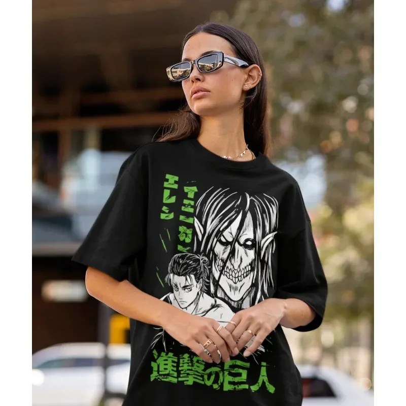 エレン・イェーガー AOT Tシャツマンガパターンコットン半袖 Tシャツルーズ男性と女性のトップ夏カジュアルストリートウェア