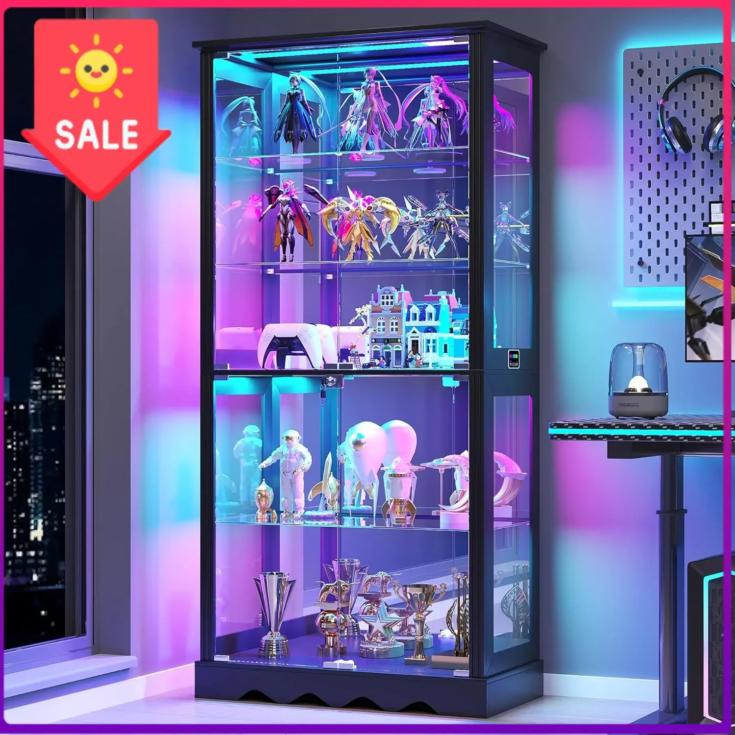 Display Cabinet with Glass Doors, RGB Lights for Collectibles | 71'' Tall with Adjustable Shelves, Human Sensor LED Lighting Cur