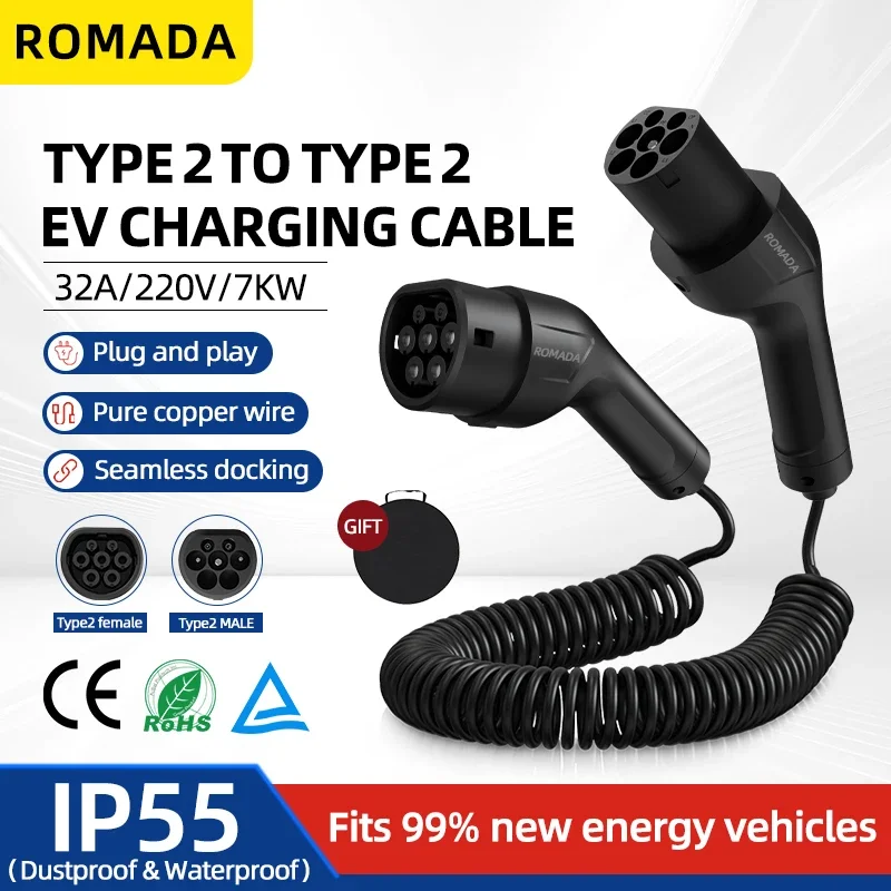 

32A 7KW Type 2 to Type 2 Portable EV Charging Cable, 5M Spring Wire IEC62196 Extension Cord for EV Station, One Phase with TUV
