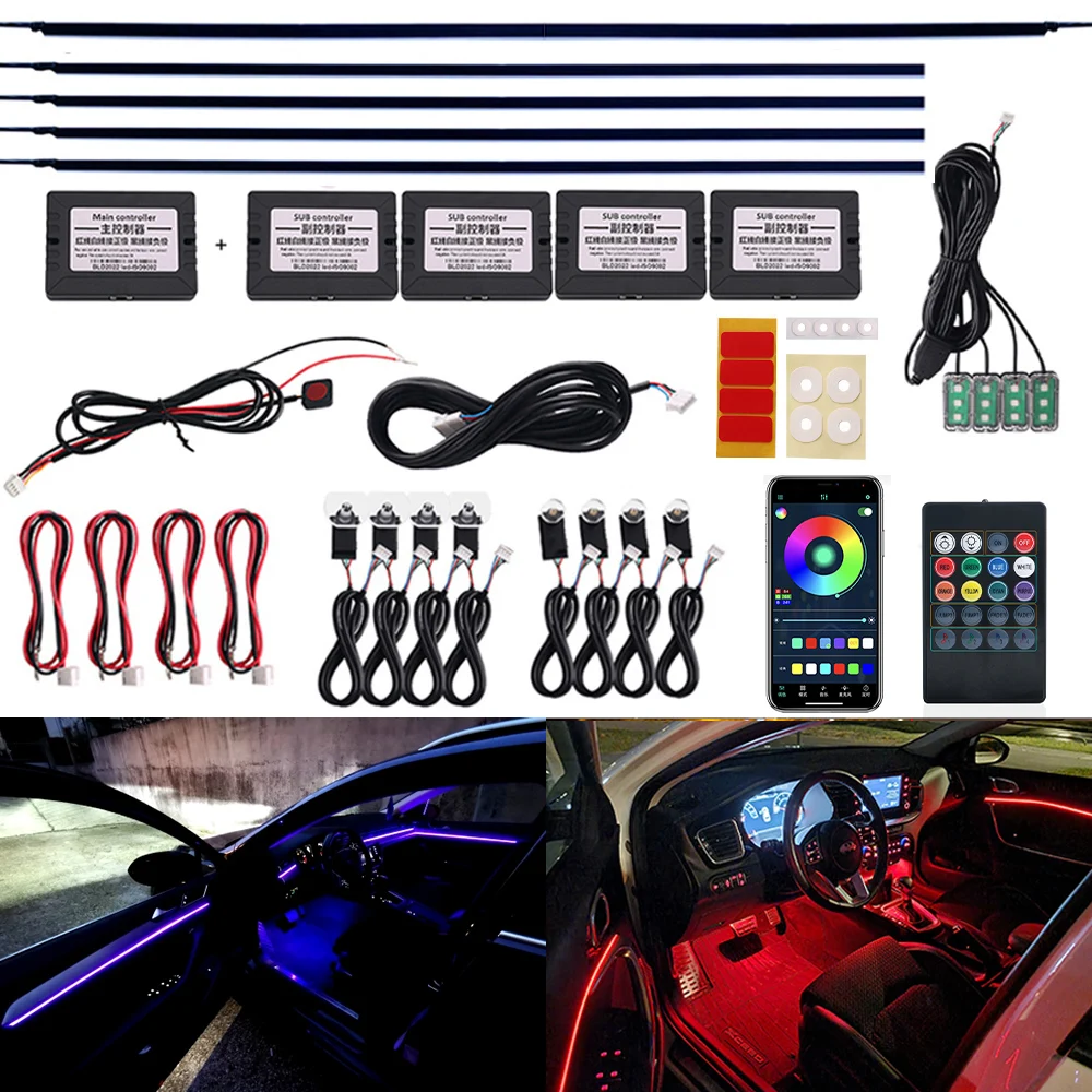 18 In 1 LED Universal Car Ambient Light RGB Interior Acrylic Strip Backlight Guide App Decoration Atmosphere Lamp Remote Control